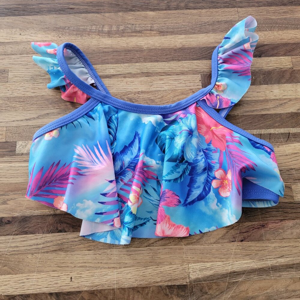 Wonder Nation Girls Flounced Bikini Top Blue Tropical Leaf Print